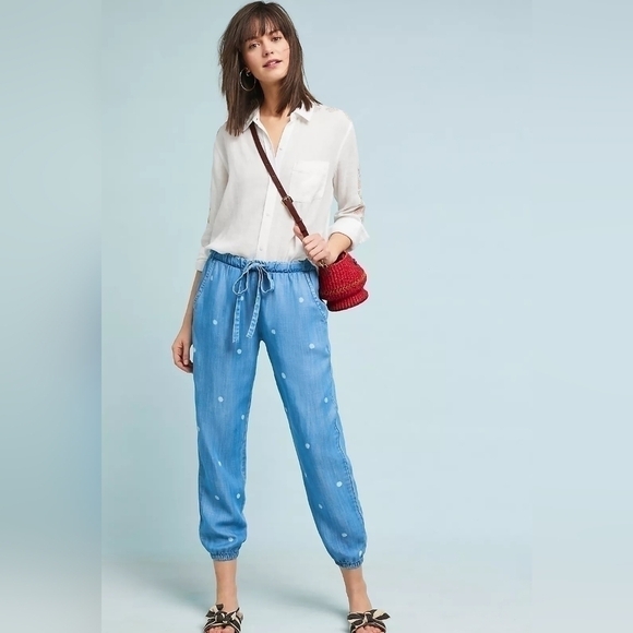 Cloth & Stone Anthropologie Polka Dot Chambray Denim Joggers Pants in Sm… - Picture 1 of 12